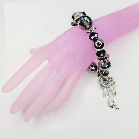 Rose Charm with Black Bead Stretch Bracelet - Picture 1 of 8